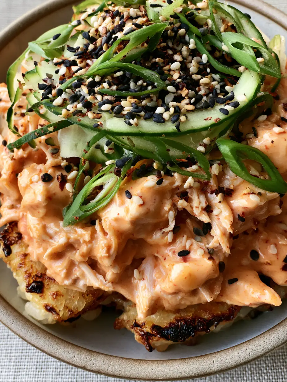 Close-up of golden toasted sushi rice blocks and shredded chicken in a bang bang chicken crispy rice salad.