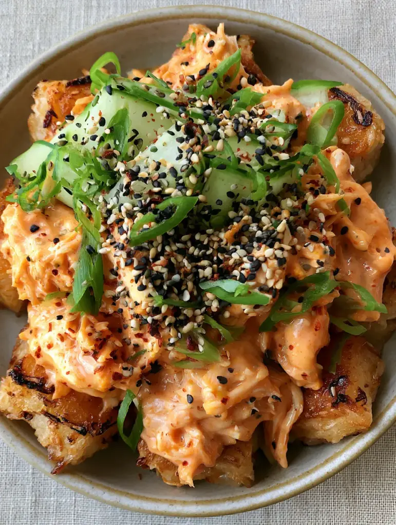 Top-down view of bang bang chicken crispy rice salad showing cucumber ribbons and sesame seed garnishes.