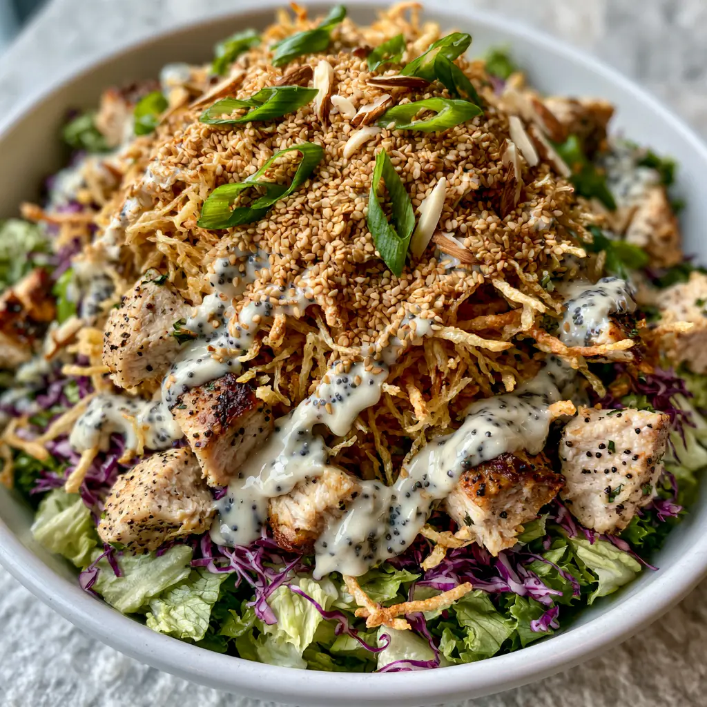 High-angle shot showing the vibrant purple cabbage and green romaine base of the Chicken in the Straw Salad.