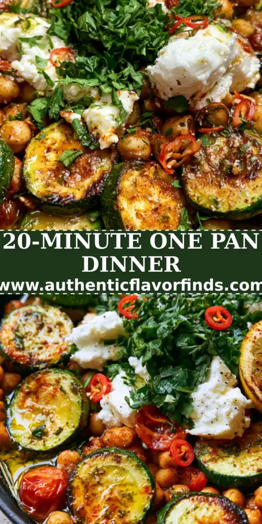 A top-down view of a Zucchini Chickpea Skillet in a black cast iron pan featuring seared zucchini, blistered tomatoes, and feta cheese.