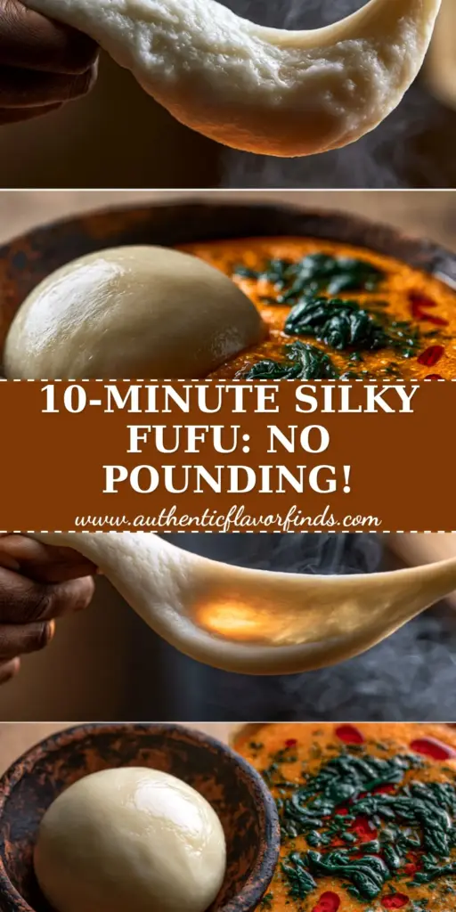 A vertical split-screen showing a hand pulling stretchy cassava Fufu on top and a glossy sphere of Fufu in a bowl of orange Egusi soup on the bottom.