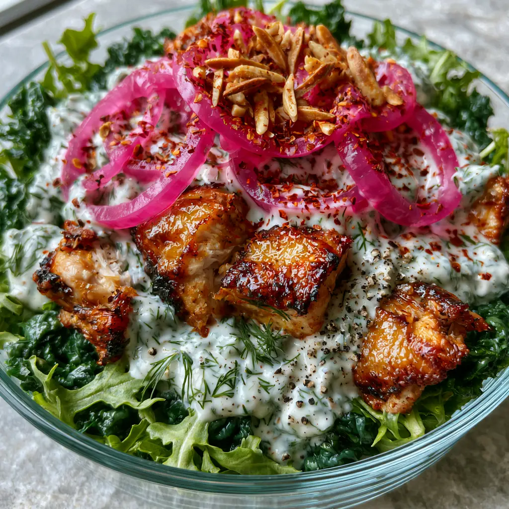 A high-resolution top-down perspective of roasted chicken salad in a meal prep container on a grey stone surface.