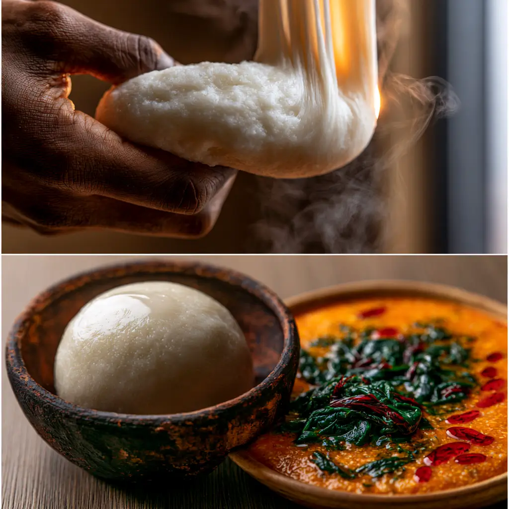 Macro close-up of a hand pulling a piece of snow-white, incredibly silky, stretchy cassava fufu.