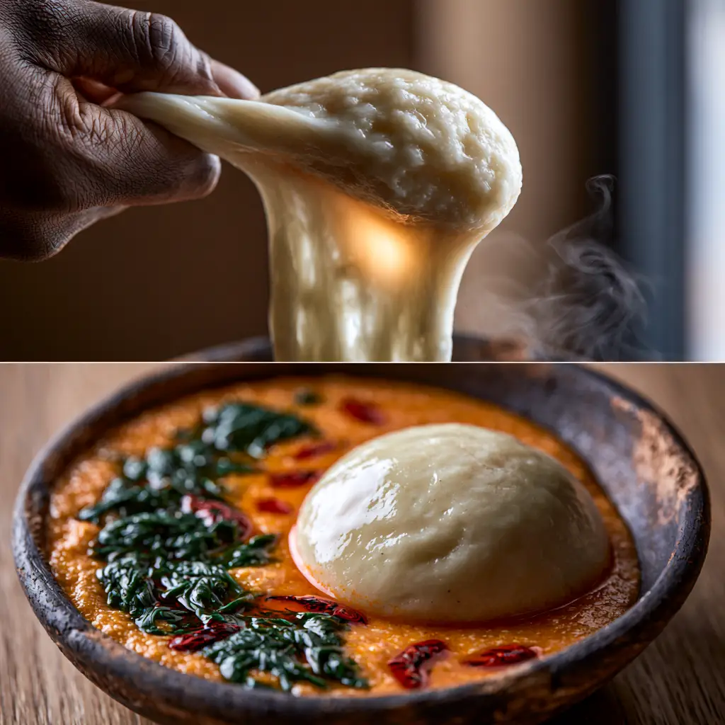 Top-down view of a glossy fufu sphere in a dark clay bowl with orange egusi soup and spinach.
