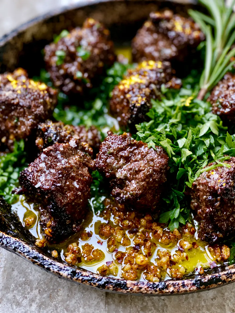 Macro shot of seared steak bites with mahogany crust and salt flakes in a skillet. (Steak dinner)