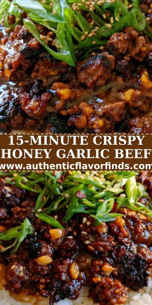 A top-down view of a Honey Garlic Ground Beef Bowl with glossy amber glaze and charred beef edges over jasmine rice.