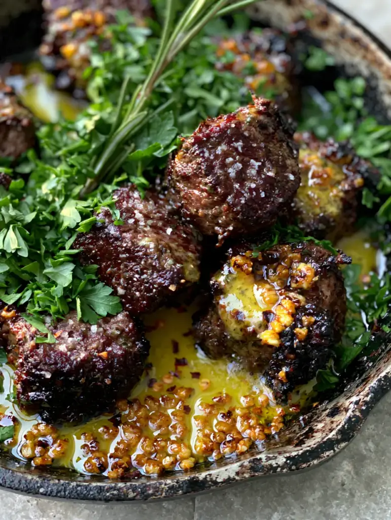 Steak bites glistening in golden-yellow melted garlic butter with red pepper flakes.