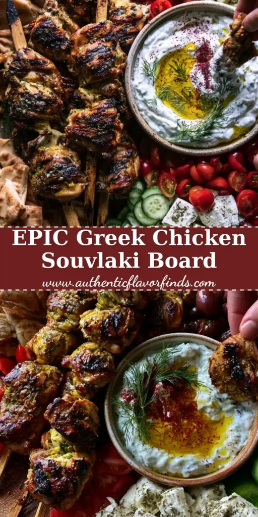 A massive rustic wooden Greek chicken souvlaki grazing board with charred chicken, creamy tzatziki, and pita. (Greek chicken souvlaki grazing board)