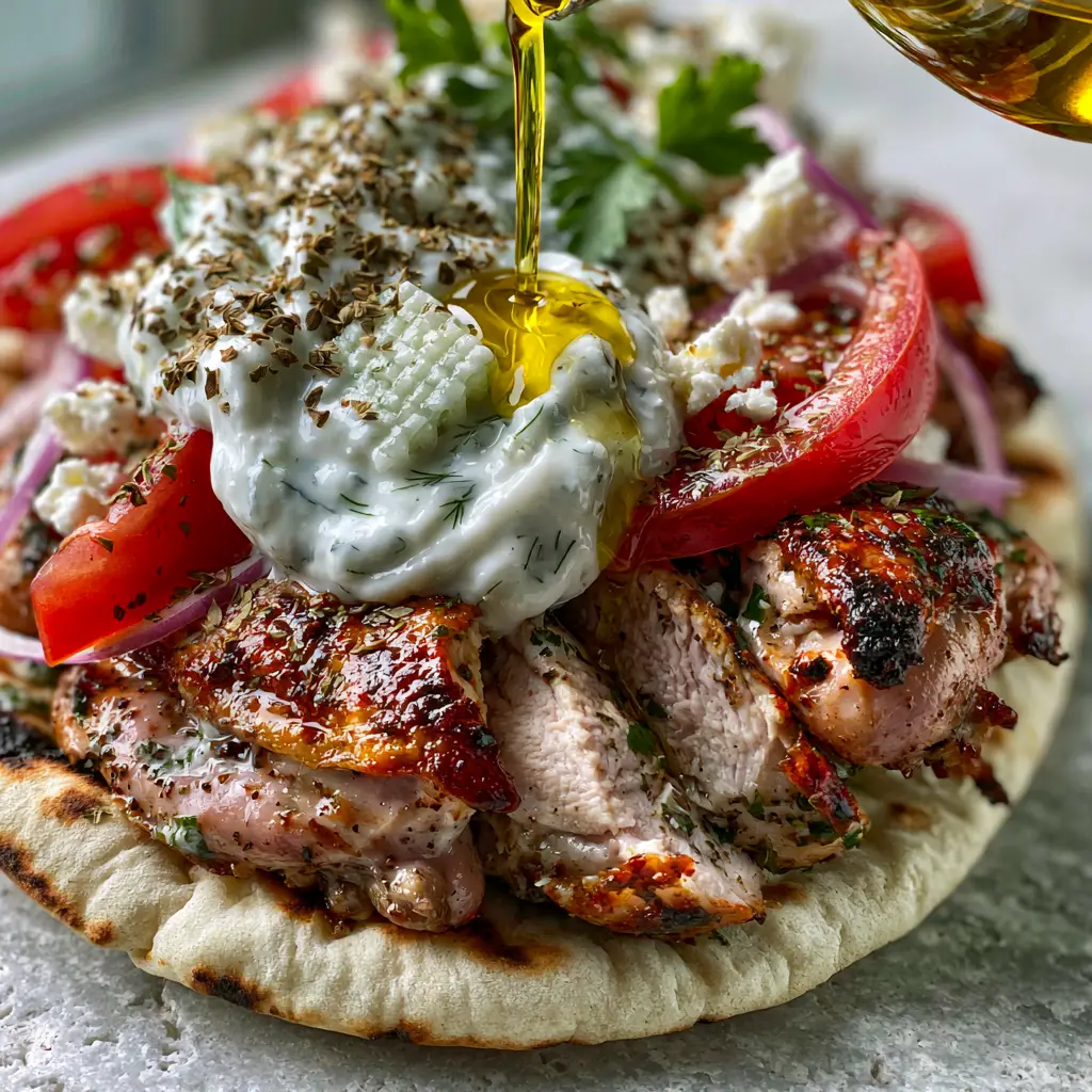 A generous dollop of thick strained Greek yogurt tzatziki on a chicken gyro with red onions and tomatoes.