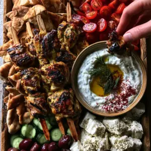 Top-down view of a massive Mediterranean grazing board featuring charred chicken skewers and velvety dip. (Greek chicken souvlaki grazing board)