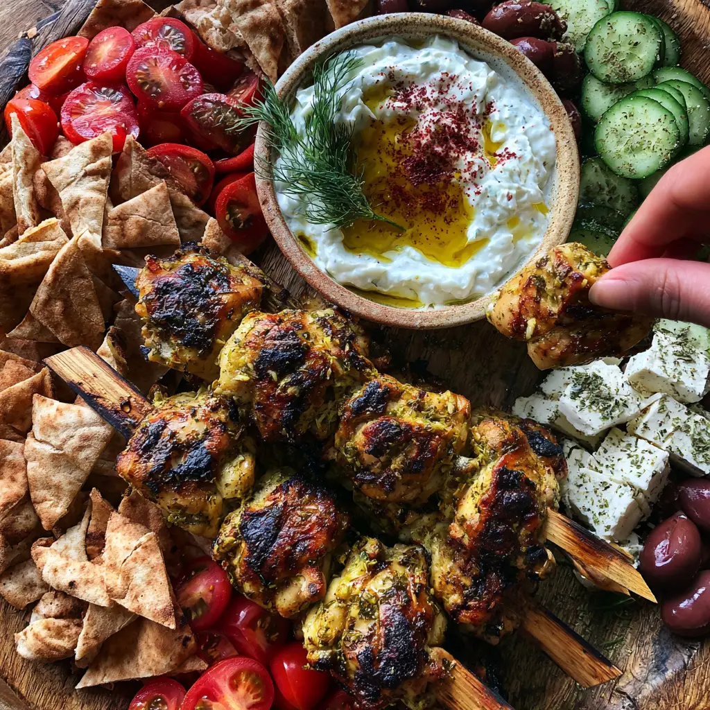 Close up of charred lemon-herb chicken skewers on a wooden grazing board.