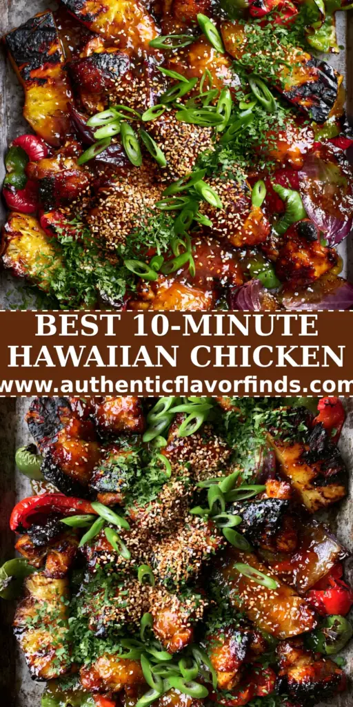 An overhead view of a Hawaiian Chicken Sheet Pan with seared chicken, caramelized pineapple, and charred peppers garnished with sesame seeds.