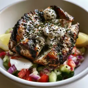 Top-down view of grilled chicken slices with creamy yogurt marinade, lemon wedges, and diced Mediterranean vegetables. (Greek chicken marinade)