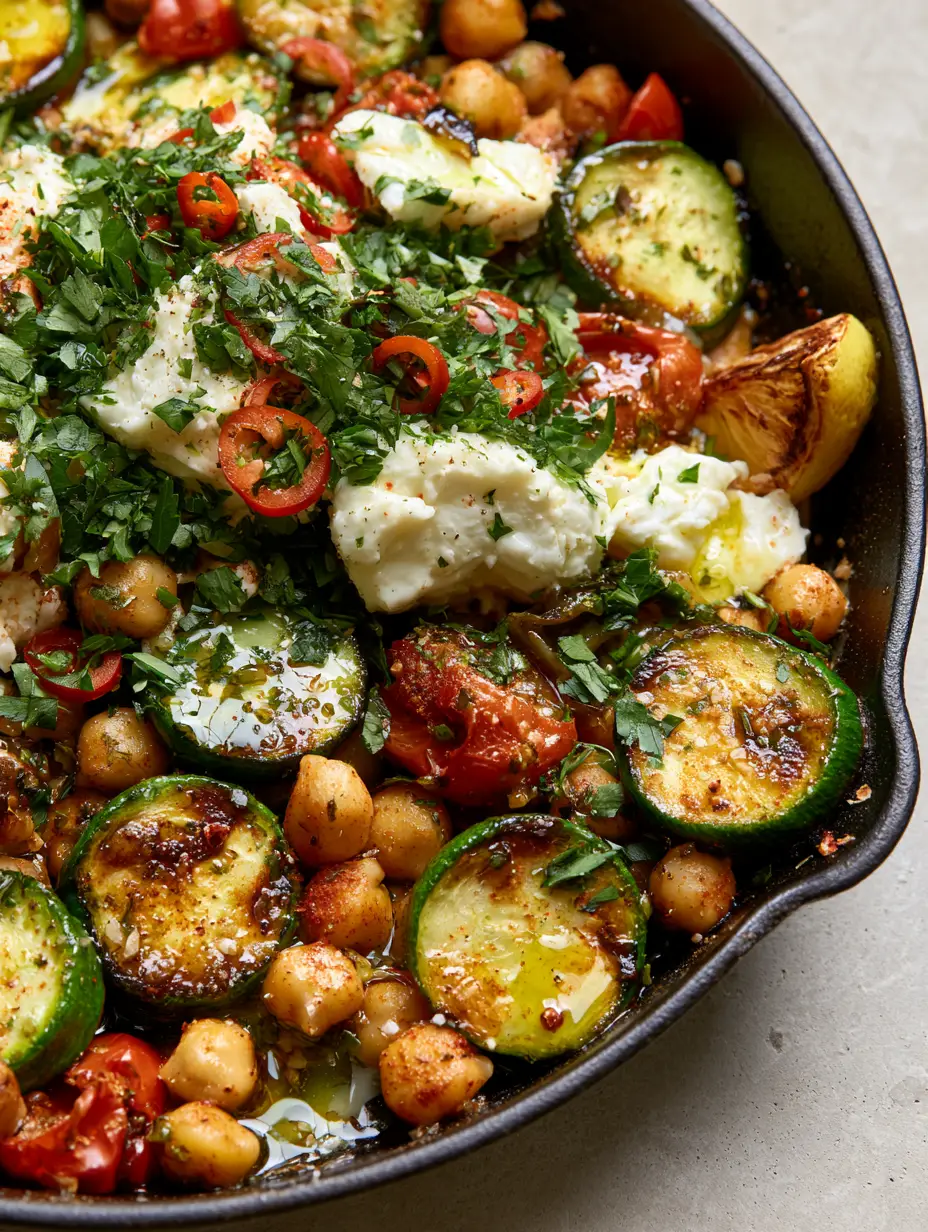 Close up of seared zucchini and toasted chickpeas with smoked paprika in a cast iron skillet. (Zucchini Chickpea Skillet)