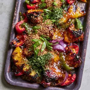 Close-up of seared chicken thigh chunks and blistered red peppers on a dark sheet pan. (Hawaiian Chicken Sheet Pan)