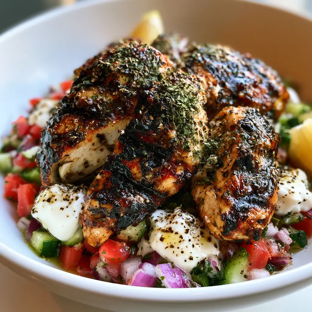 Close up of charred grill marks on succulent chicken slices with dollops of white garlic sauce. (Greek chicken marinade)