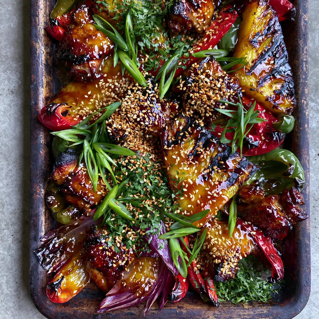 Overhead photo of Hawaiian Chicken Sheet Pan showing charred pineapple wedges and a glossy amber glaze.