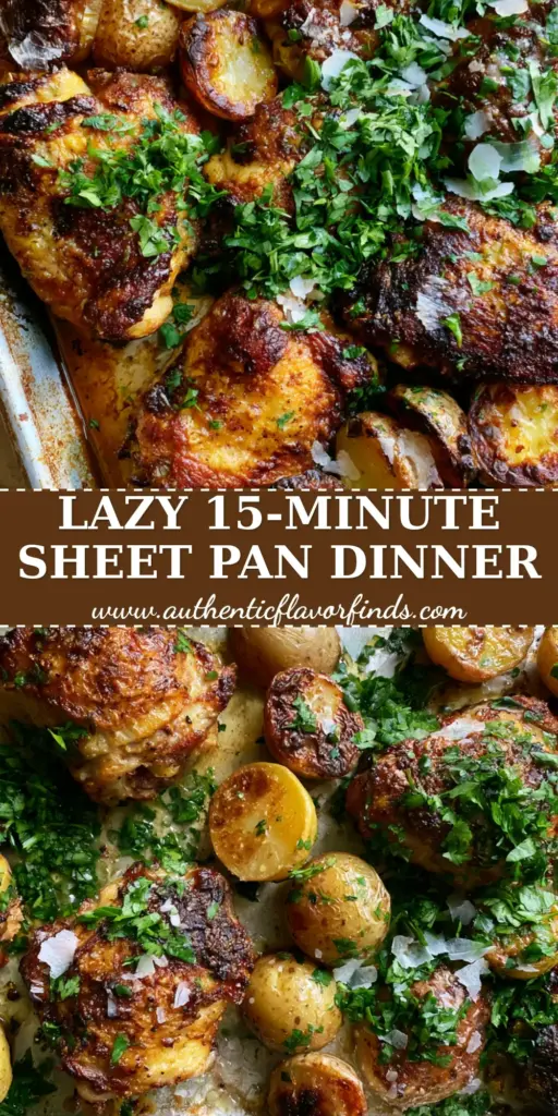 A bird's-eye view of a weeknight chicken dinner on a metallic pan with blistered chicken thighs, caramelized potatoes, and fresh parsley.