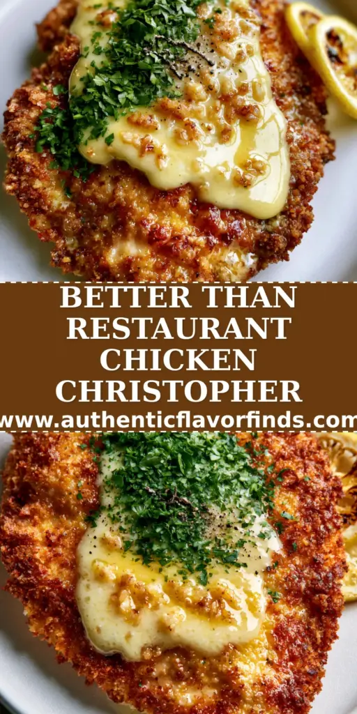 A close-up shot of golden-brown Chicken Christopher topped with a glossy lemon garlic sauce and fresh parsley on a white plate.