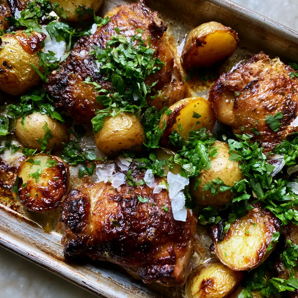 Close up of caramelized gold potato halves and roasted chicken with charred edges and parsley. (weeknight chicken dinner)