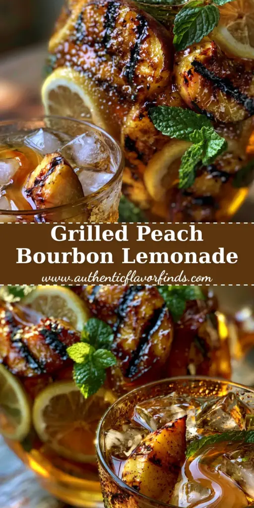A tall glass of Grilled Peach Bourbon Lemonade with bold black grill marks on peach wedges, fresh mint, and clear ice on a rustic wood table. (Grilled Peach Bourbon Lemonade)