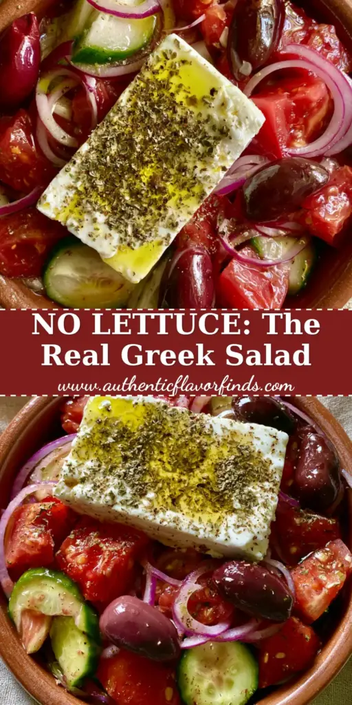 Top-down view of an authentic Greek salad recipe featuring a large block of feta cheese and glistening tomatoes in a terracotta bowl.