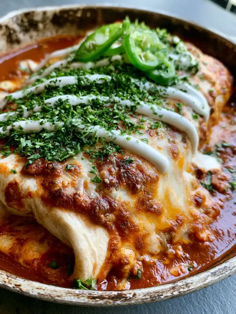 Extreme close-up of a smothered burrito featuring toasted cheese spots and a Mexican crema drizzle. (smothered burritos)