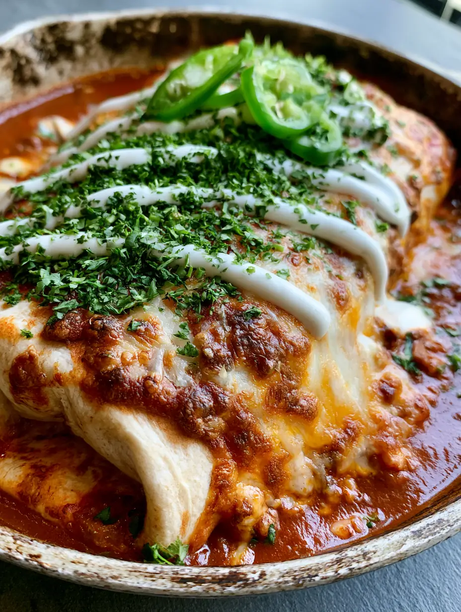Extreme close-up of a smothered burrito featuring toasted cheese spots and a Mexican crema drizzle. (smothered burritos)