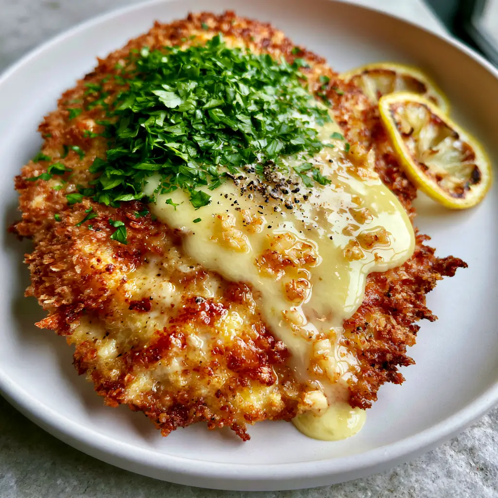 Angled shot of thick, silky lemon butter garlic sauce being drizzled over breaded chicken. (Chicken Christopher)