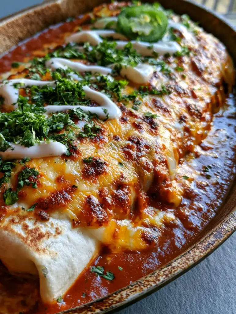 Angled top-down shot of smothered burritos in a weathered cast iron pan with fresh jalapenos.