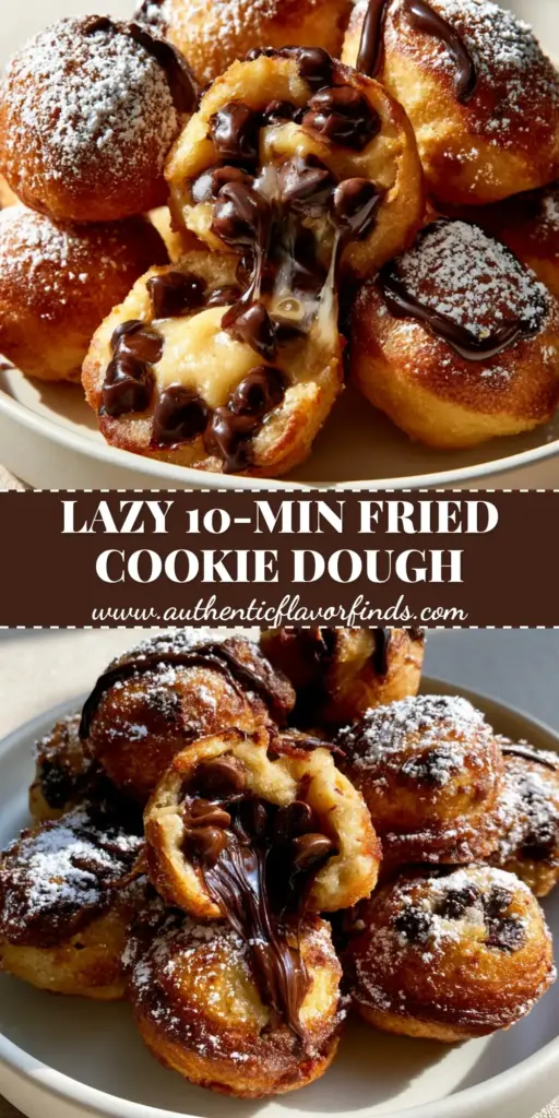 A stack of golden-brown deep fried chocolate chip cookie dough bites on a white plate with dark chocolate drizzle and powdered sugar.
