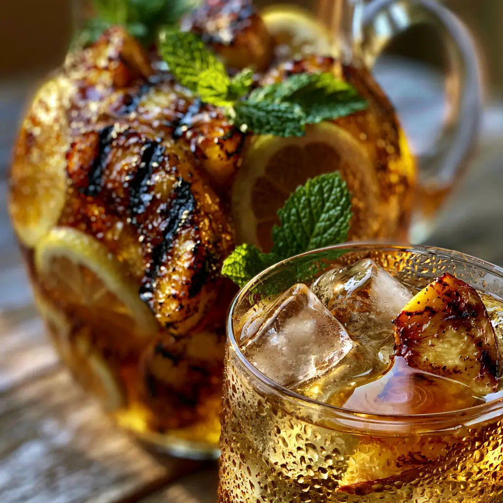 Close-up of a glass with clear ice cubes, a grilled peach wedge, and amber syrup swirl on a wooden surface.