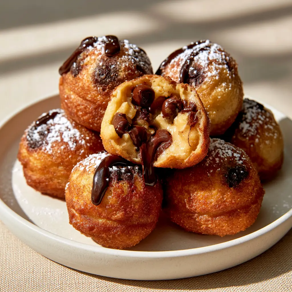 Close up of deep fried chocolate chip cookie dough bites on a linen surface with natural window light.