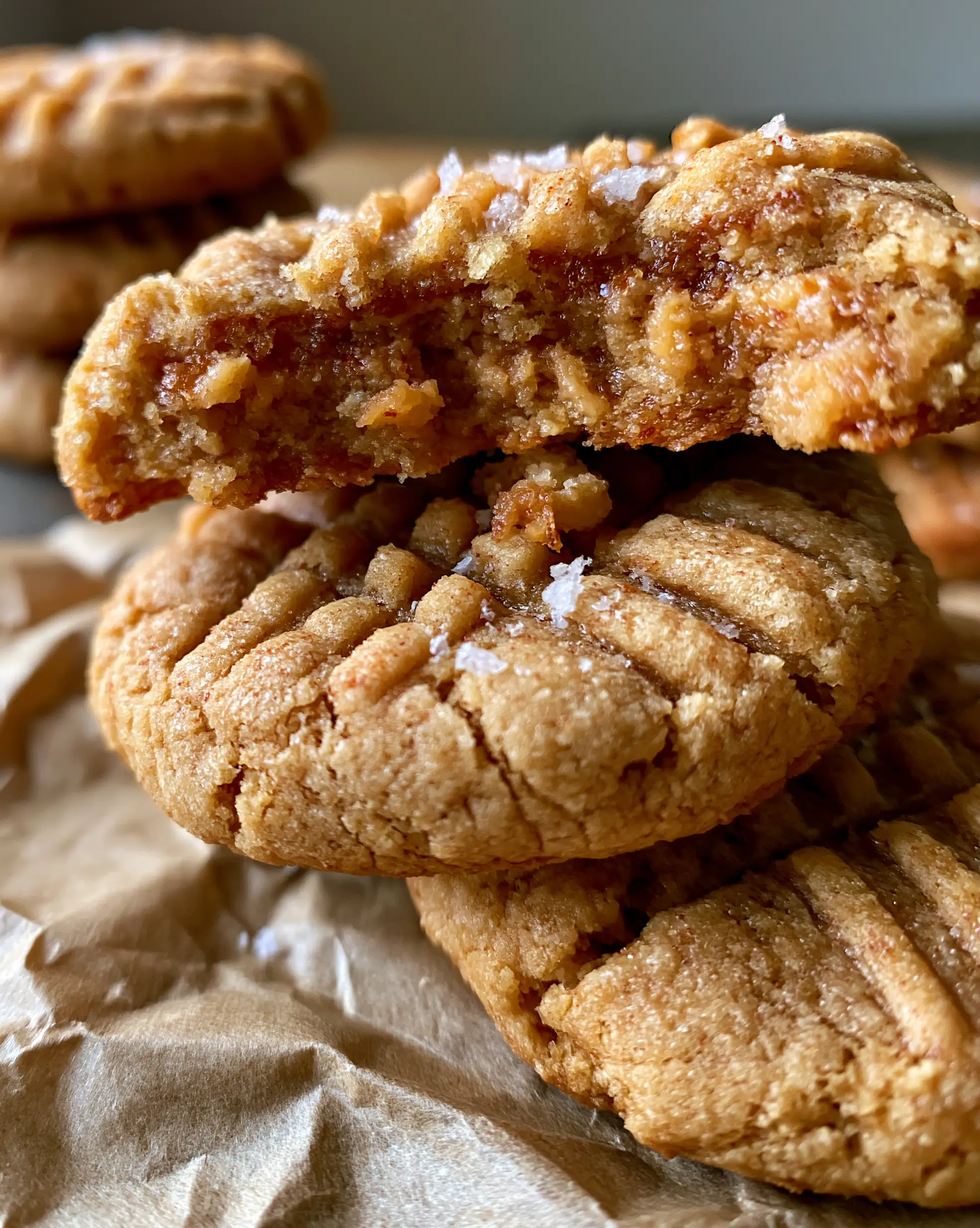 Extreme close-up of a broken Peanut Butter Pudding Cookie showing a soft pillowy crumb and melted swirls.
