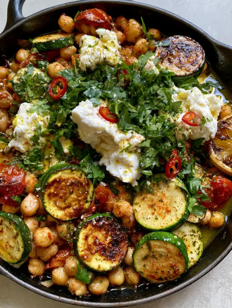 Extreme close up of blistered cherry tomatoes and large creamy chunks of feta in a Zucchini Chickpea Skillet.