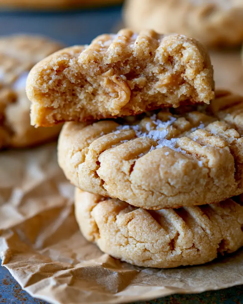 A stack of Peanut Butter Pudding Cookies with defined fork crisscross patterns and a golden-brown finish.