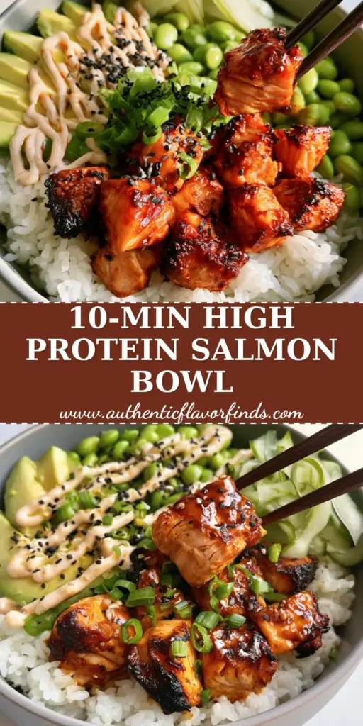 A gourmet salmon rice bowl recipe featuring air-fried honey-sriracha salmon cubes, avocado, edamame, and cucumber ribbons.