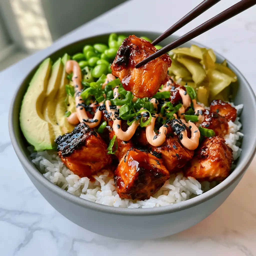 Close-up of a wooden chopstick lifting a glistening glazed salmon cube from a salmon rice bowl recipe.