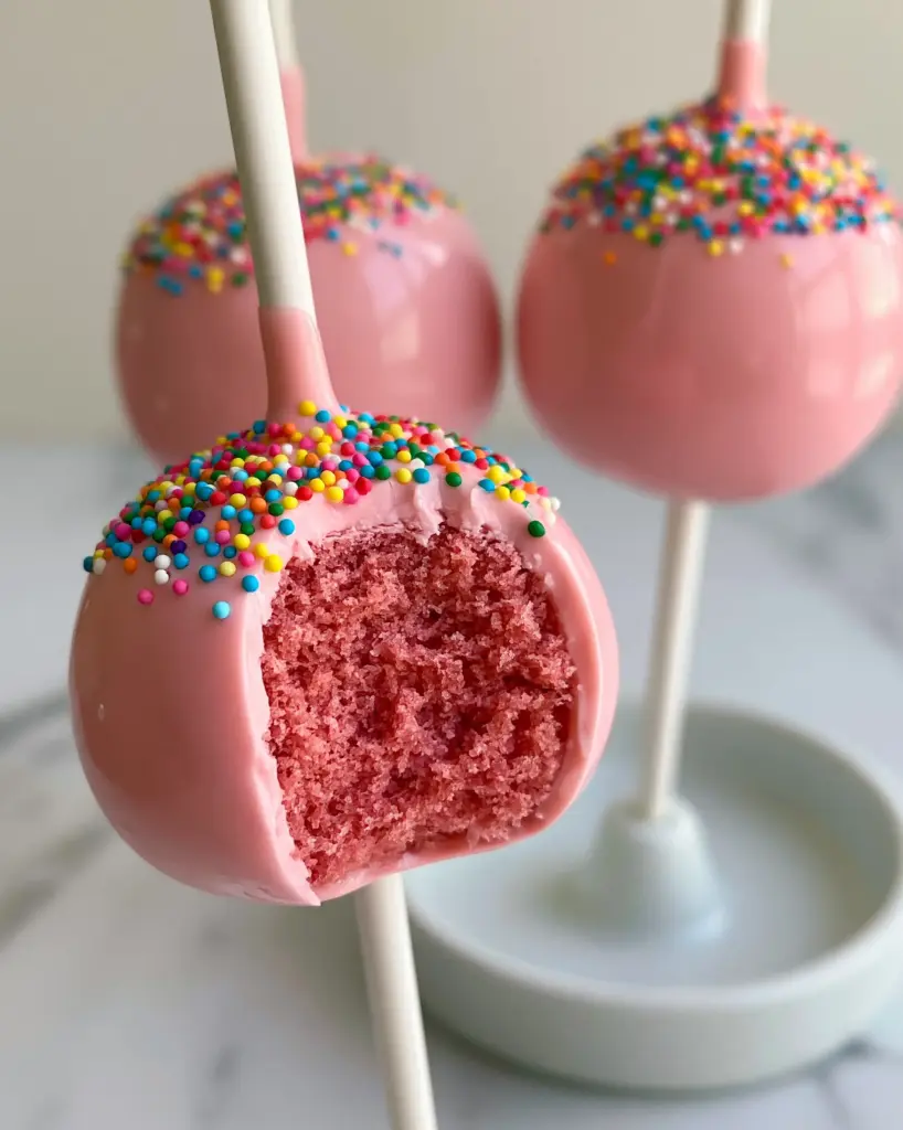 Gourmet Birthday Cake Pops in a white ceramic stand with pastel pink candy coating.