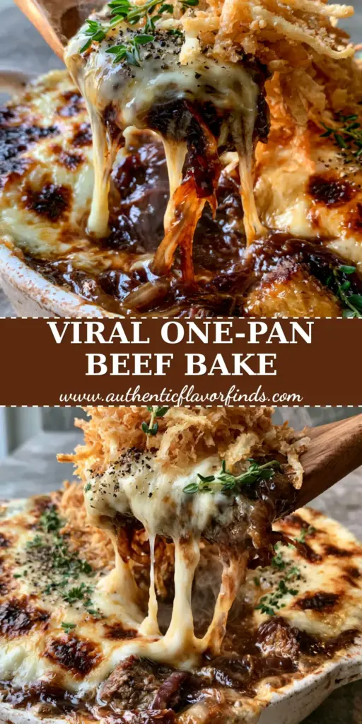 A rustic white ceramic dish featuring a bubbling French Onion Beef Bake with long cheese pulls and crispy onion straws. (French comfort food)