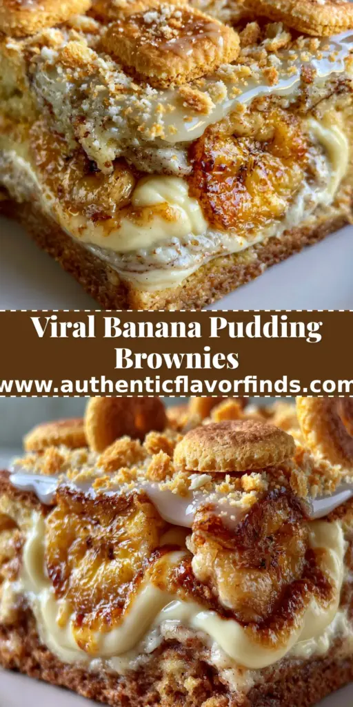 A stack of banana pudding brownies showing the thick vanilla pudding swirl, caramelized banana slices, and toasted Nilla wafers on top.