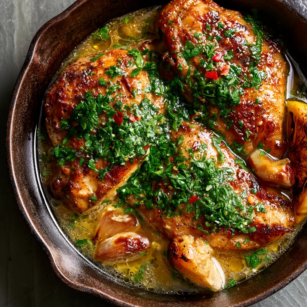 Top-down angled shot of garlic butter chicken topped with heavy parsley and red pepper flakes in a dark skillet. (Chicken dish)
