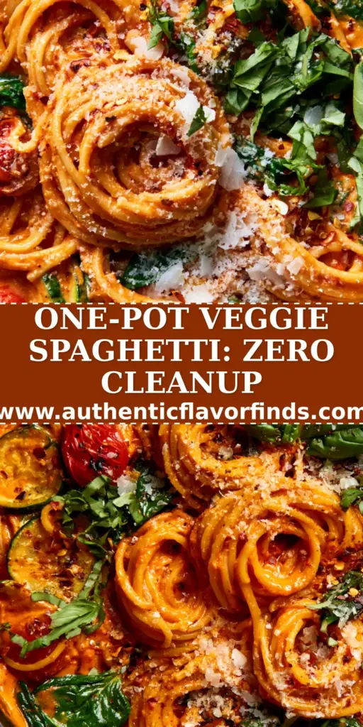 A rustic Dutch oven filled with creamy One pot veggie spaghetti, garnished with blistered tomatoes, zucchini, and fresh basil.