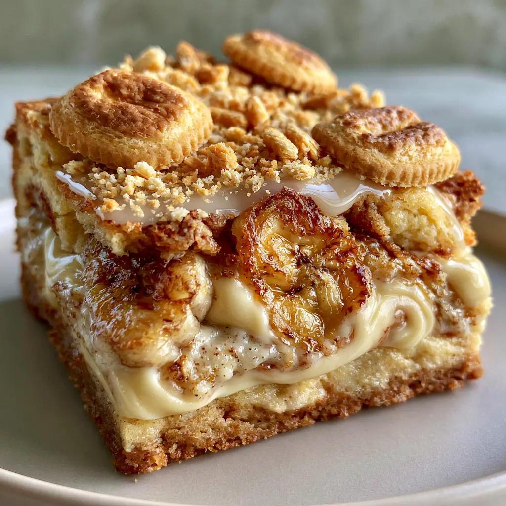 Top-down view of banana pudding brownies featuring glistening vanilla glaze and crushed wafer crumbs. (banana pudding brownies)