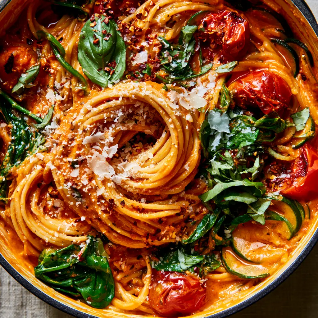 Macro overhead view of One pot veggie spaghetti in a matte Dutch oven with glossy sun-dried tomato cream sauce.
