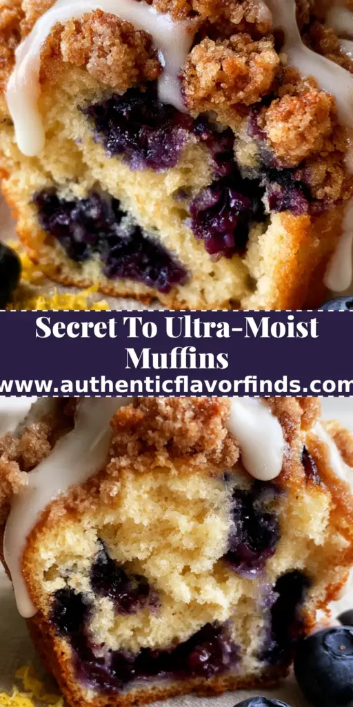 A close-up of towering Lemon Blueberry Muffins with a golden-brown buttery streusel crumble and thick opaque white lemon sugar glaze dripping down the sides.