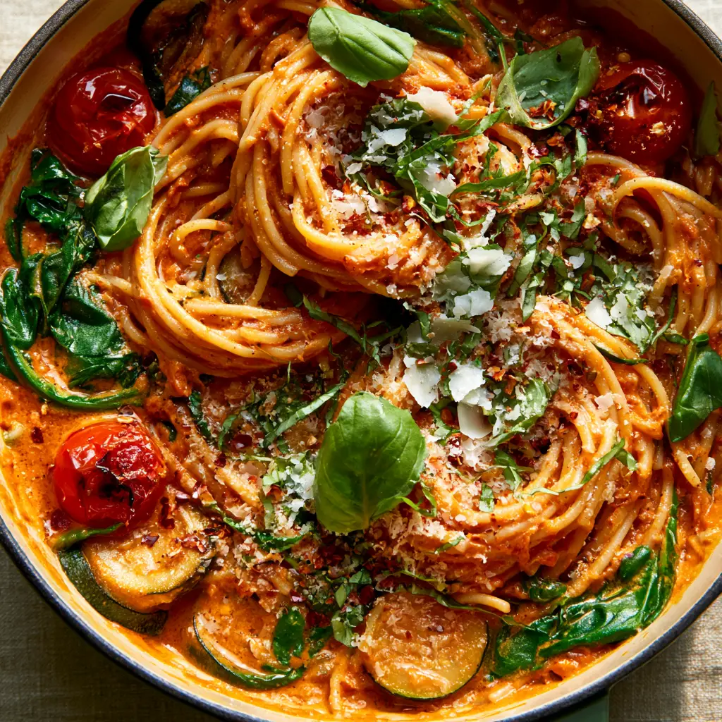 Close up of al dente spaghetti twirled with blistered cherry tomatoes and sautéed zucchini in a one-pot meal.