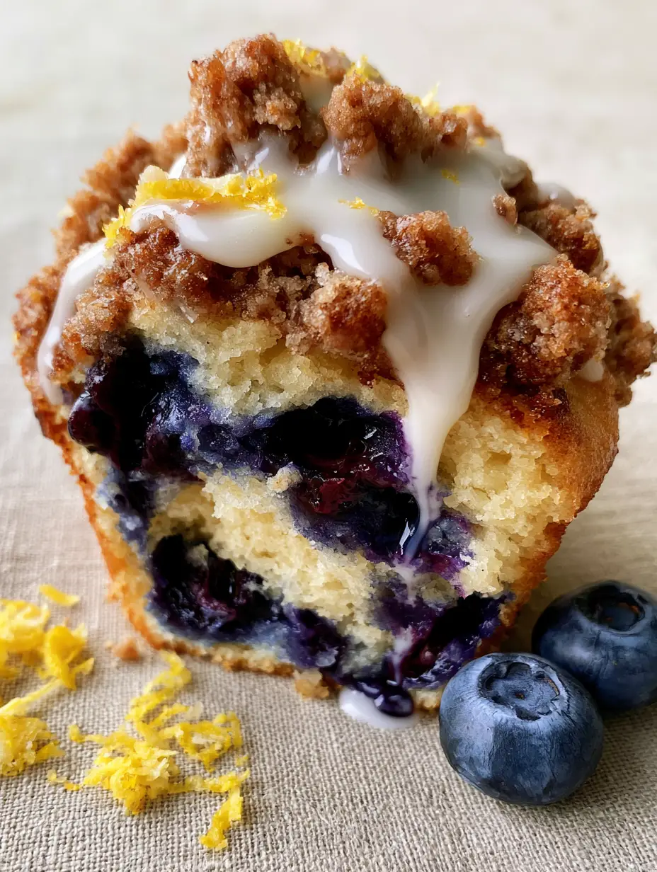 A torn open Lemon Blueberry Muffin showing a steaming fluffy moist yellow cake crumb and bubbling jammy indigo blueberry pockets.