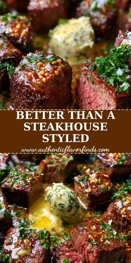 A close up photo of golden-seared ribeye steak cubes drizzled in cowboy butter with garlic and parsley in a skillet. (cowboy butter steak bites)