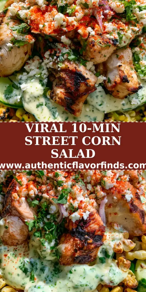 A vibrant Street Corn Chicken Salad in a rustic bowl featuring charred corn, grilled chicken breast, and crumbled cotija cheese. (Street corn chicken salad)